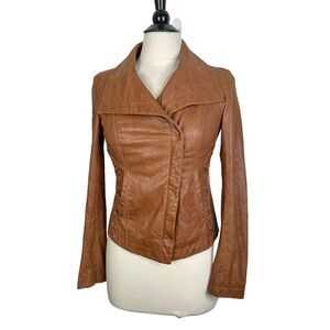 Michael Michael Kors Women's XS Brown Genuine Leather Moto Jacket Lace Up Detail